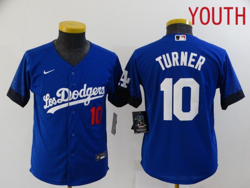 Cheap Youth Los Angeles Dodgers 10 Turner Blue City Edition Nike 2021 MLB Jersey
